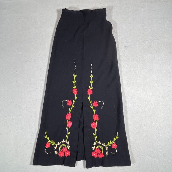 Palena Dresses & Skirts - Vintage 70s Wool Skirt Womens 14 Black Floral Embroidery Maxi Long Length Slit